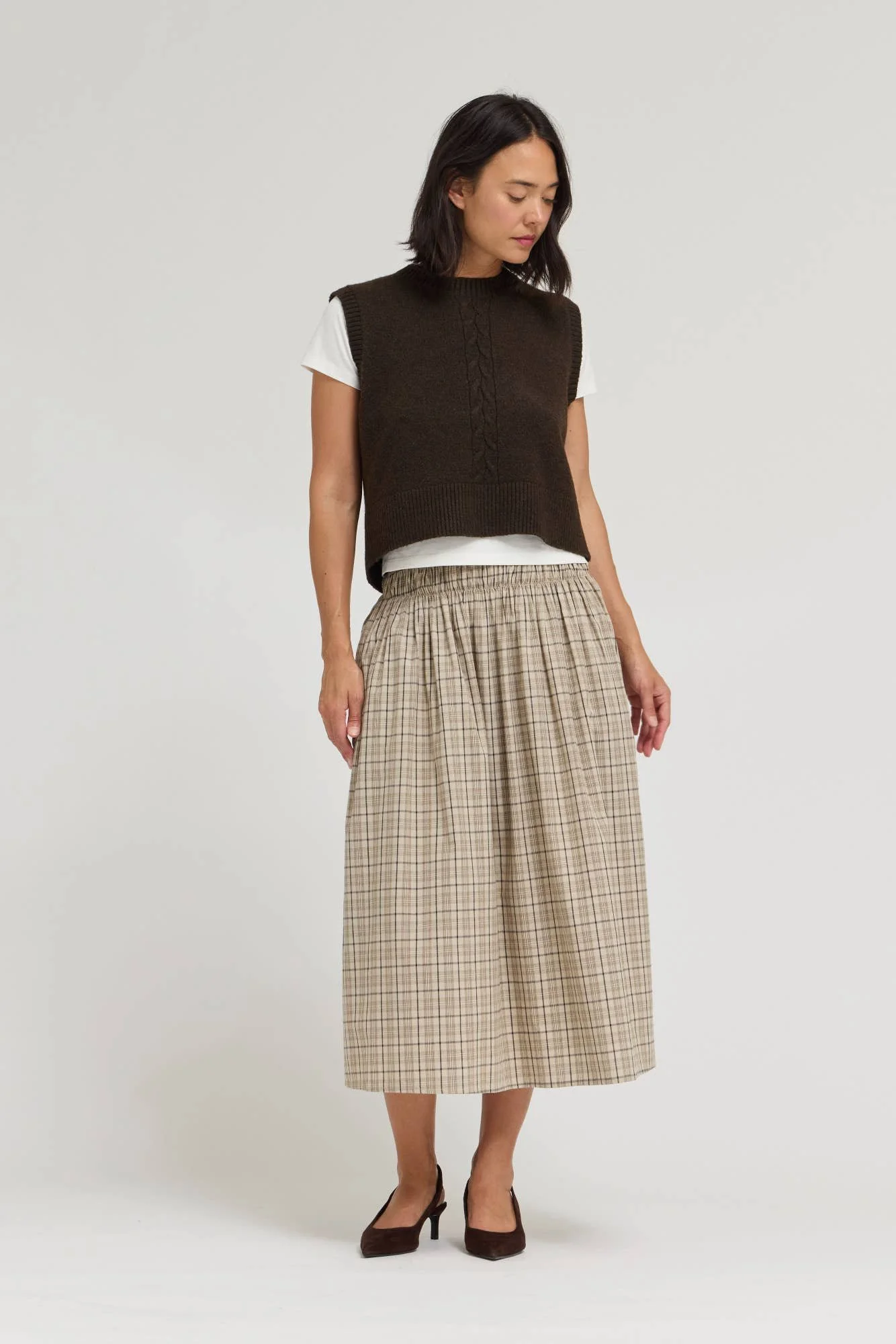 Button Back Cable Knit Sweater Vest Carob