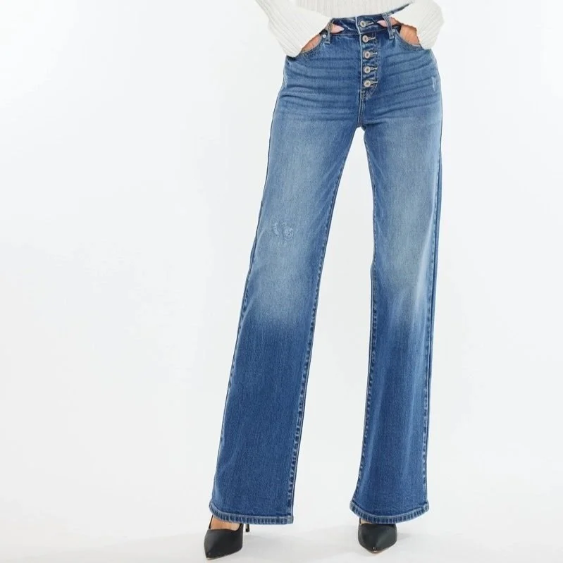 High Rise 90's Button Flare Jeans Medium Wash