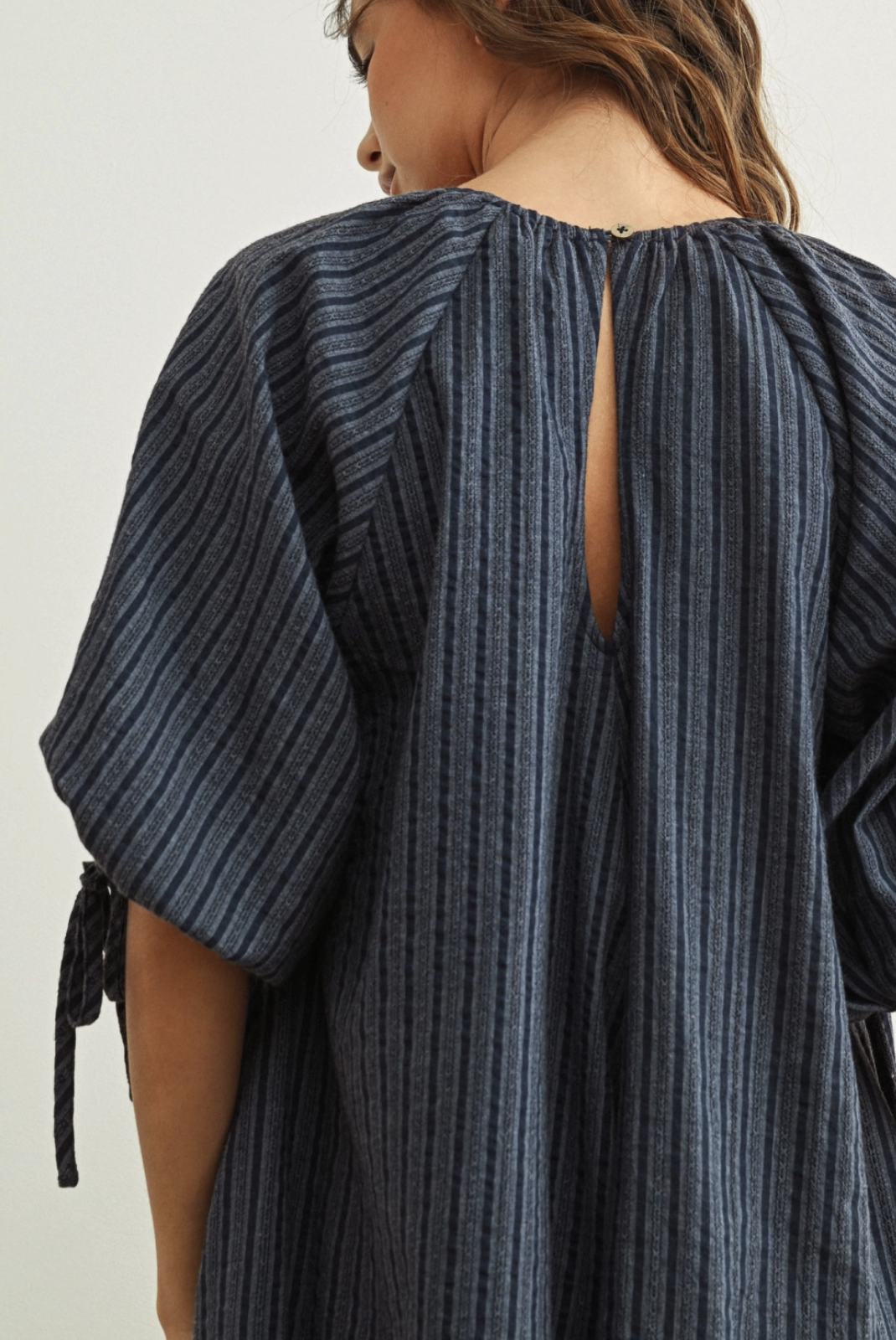 Tonal Stripe Puff Sleeve Babydoll Romper Navy