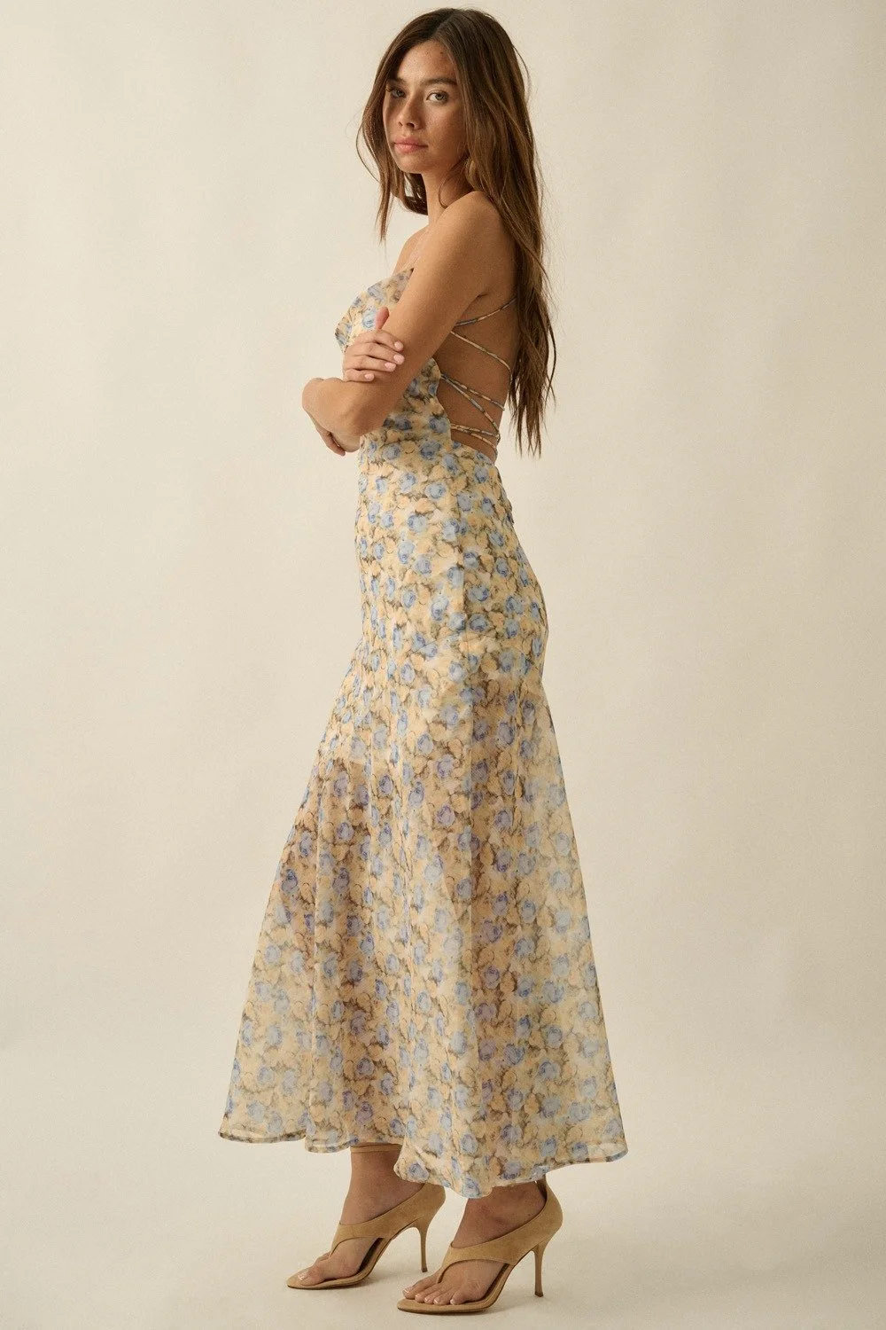 Chiffon Strappy Back Maxi Dress Butter & Baby Blue Floral