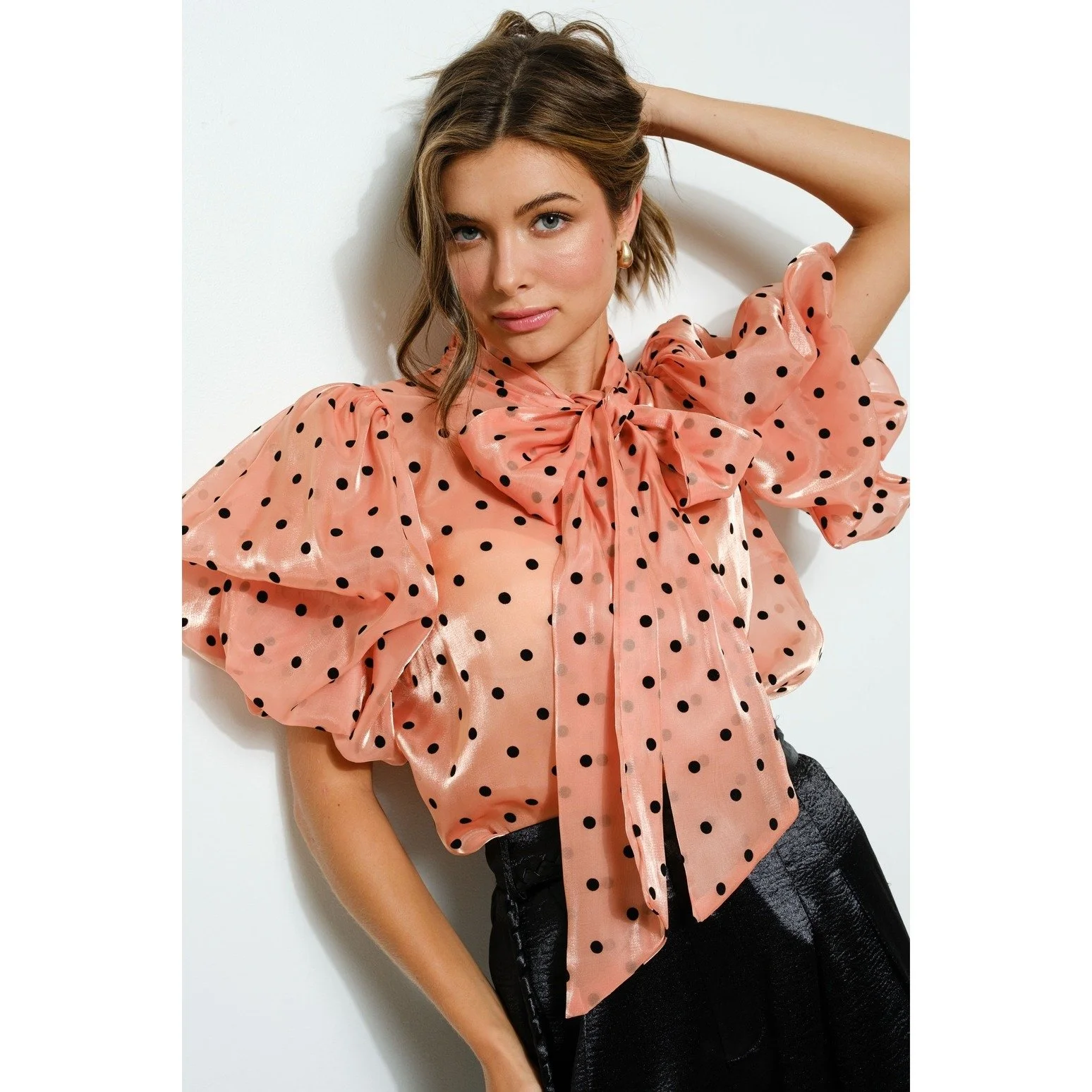Polkadot Puff Sleeve Tie Neck Blouse Apricot