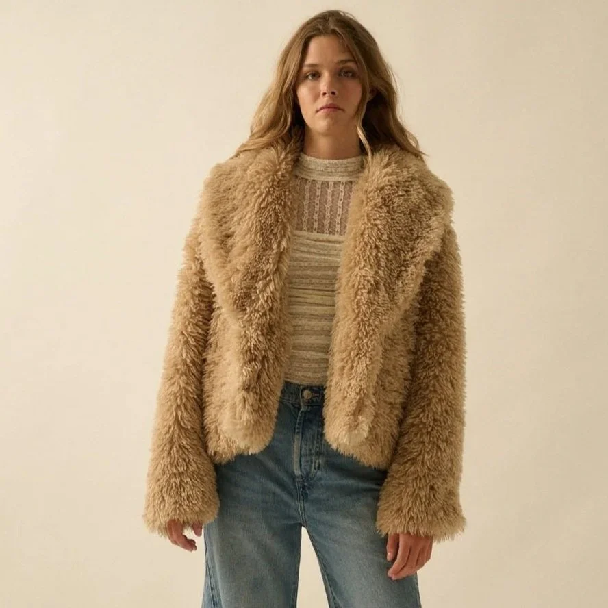 Faux Fur Shawl Collar Jacket Sand