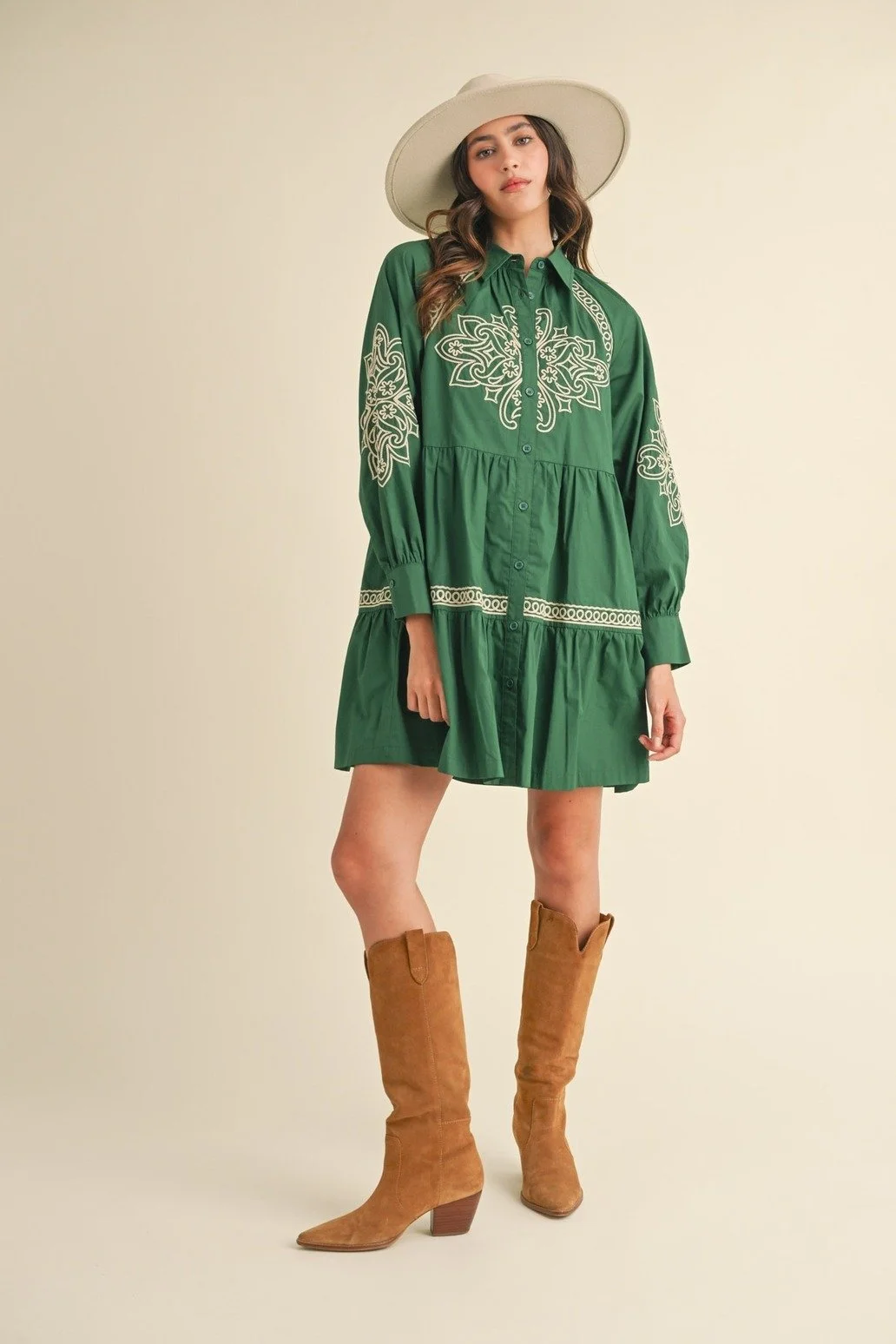 Embroidered Button Down Mini Dress Kelly Green
