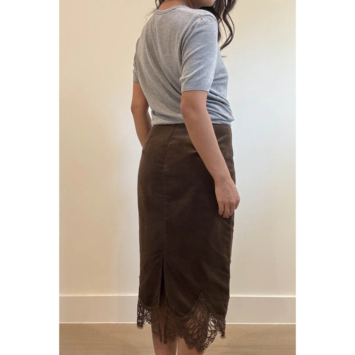 Lace Trimmed Corduroy Midi Skirt Chocolate