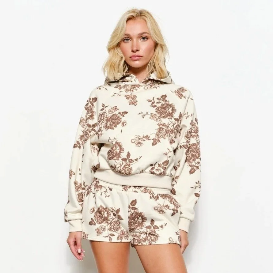 Ida Floral Print Hoodie Cream & Brown