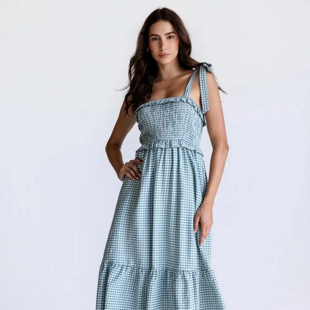 Bow Strap Smocked Midi Dress Teal Gingham