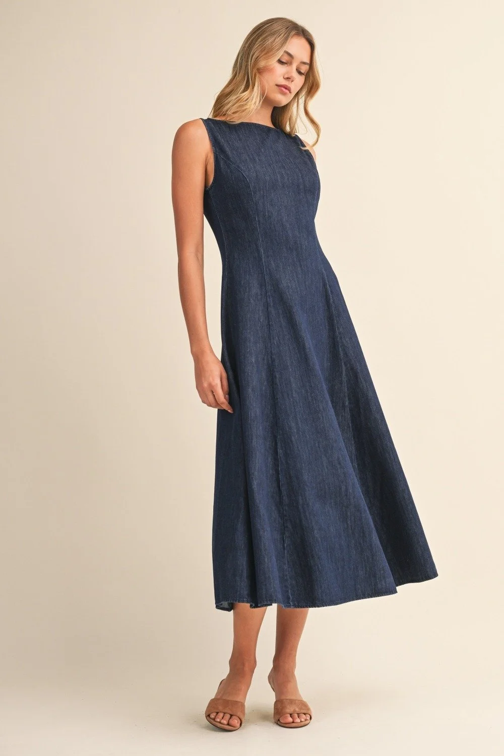 Boatneck Sleeveless Midi Dress Dark Denim