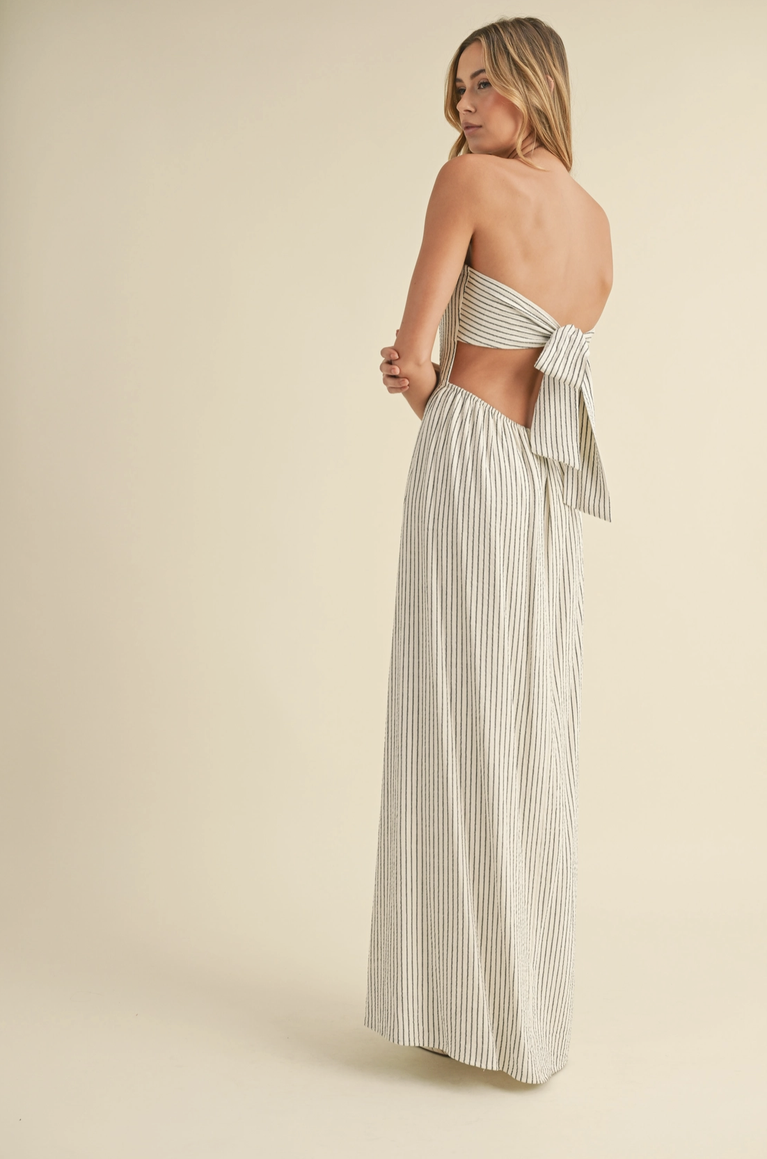 Strapless Tie Back Maxi Dress Linen Stripe