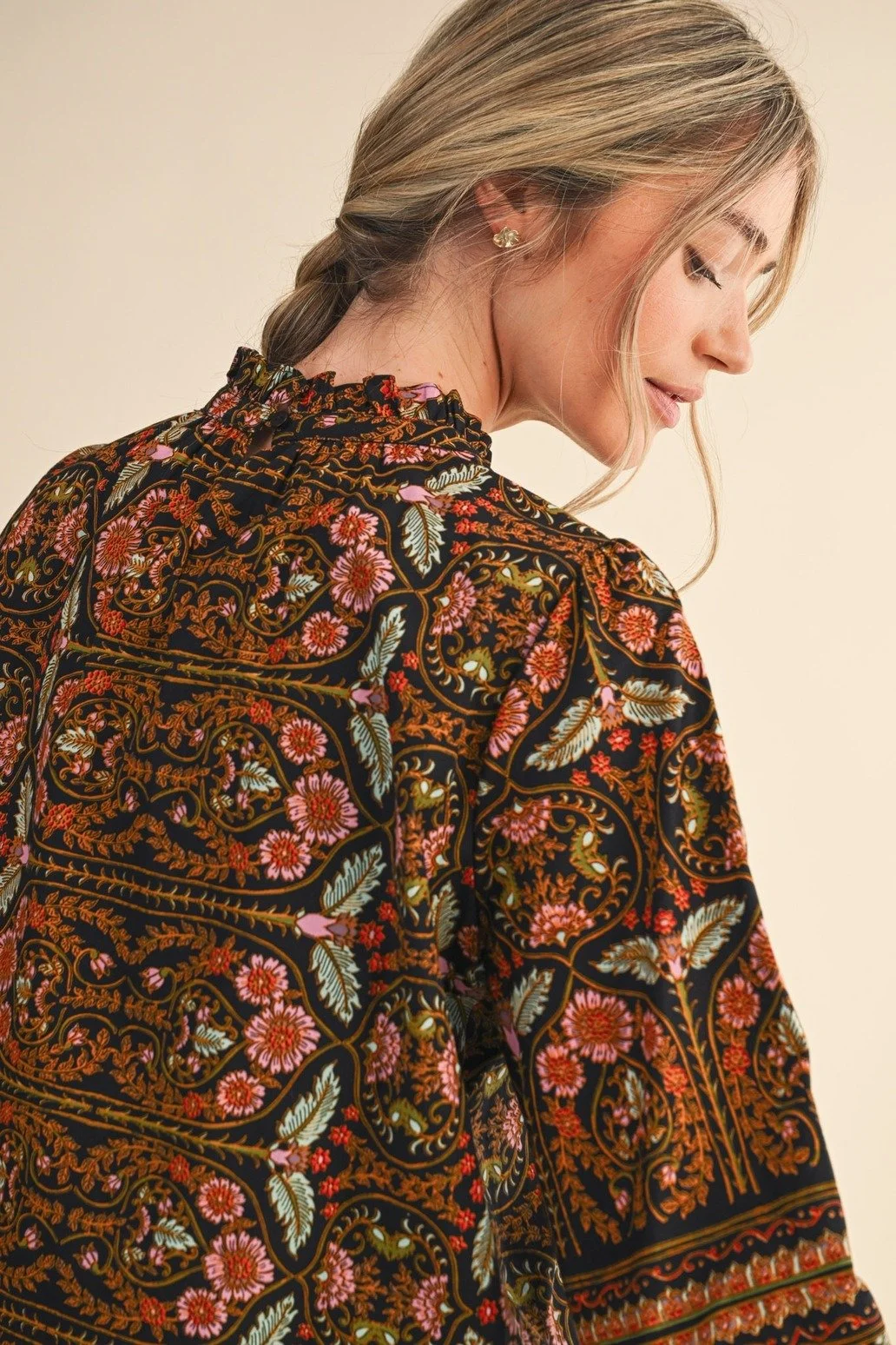 Ruffle Collar Floral Trim Blouse Black Border Print