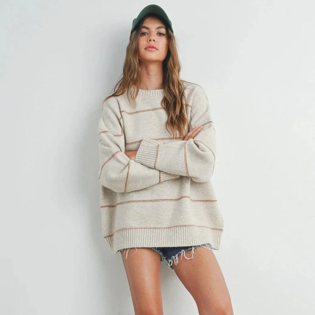 Relaxed Drop Shoulder Sweater Taupe Stripe
