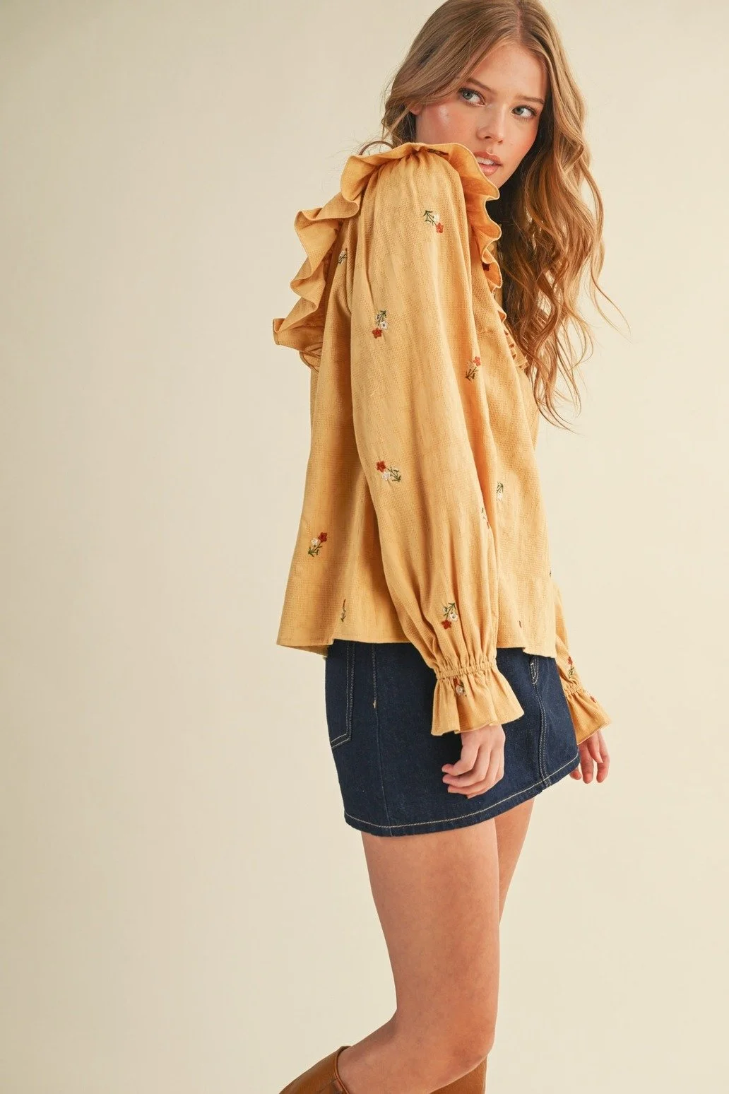 Ruffled Smocked Yoke Embroidered Blouse Mustard