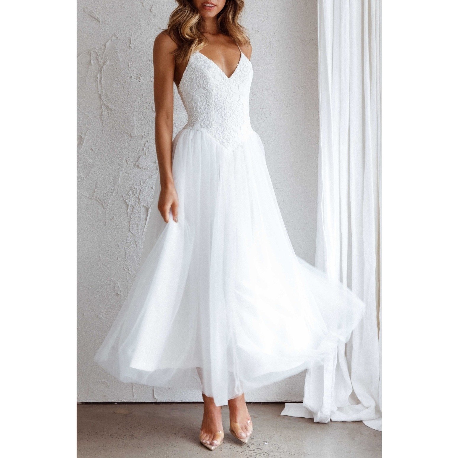 Lace Floral Corset Fit & Flare Midi Dress White