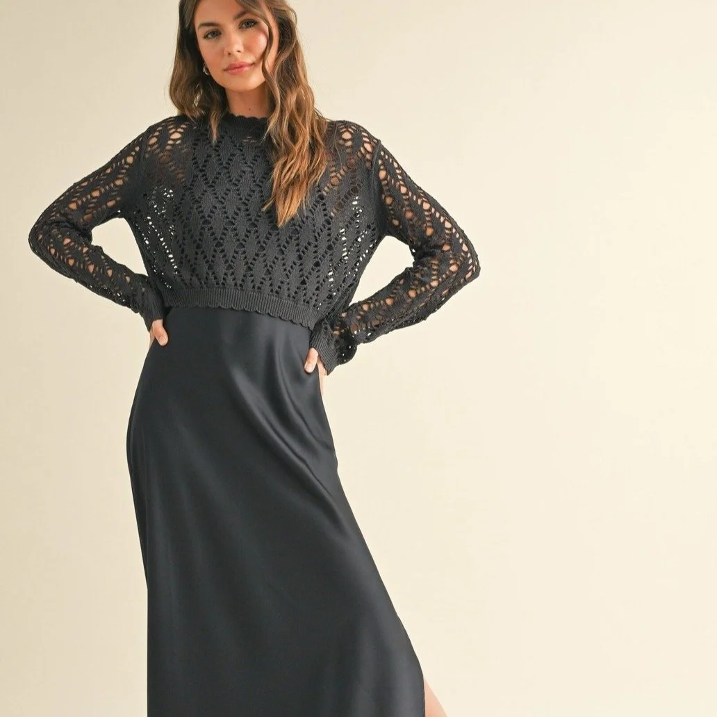 Satin Slip Dress & Crochet Top Twofer Navy