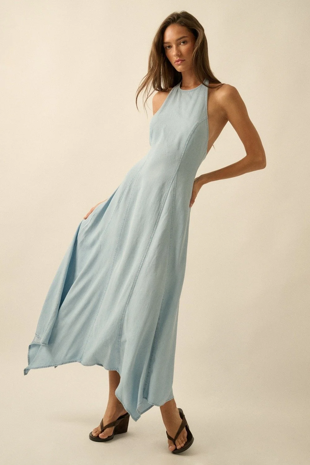 Halter Handkerchief Maxi Dress Chambray