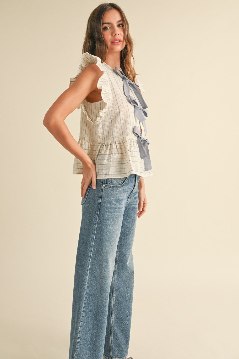 Bow Front Ruffle Blouse Blue Stripe