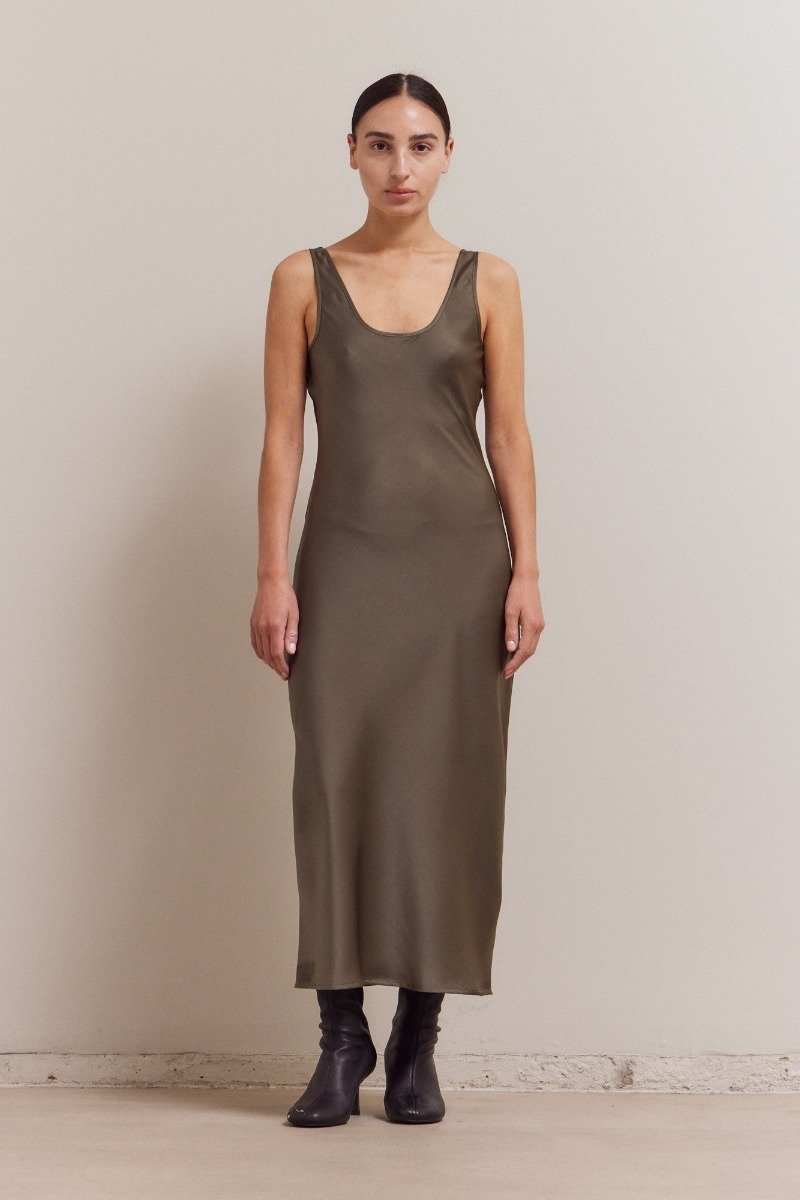 Scoop Neck Satin Maxi Slip Dress Olive
