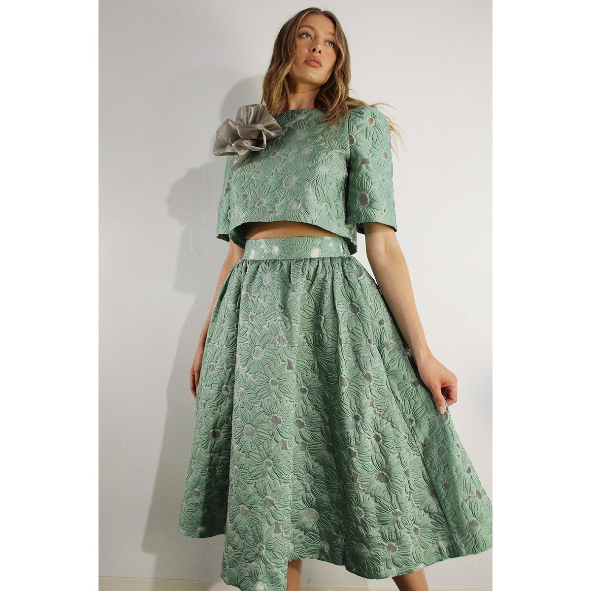 Floral Embossed Top & Skirt Set Mint