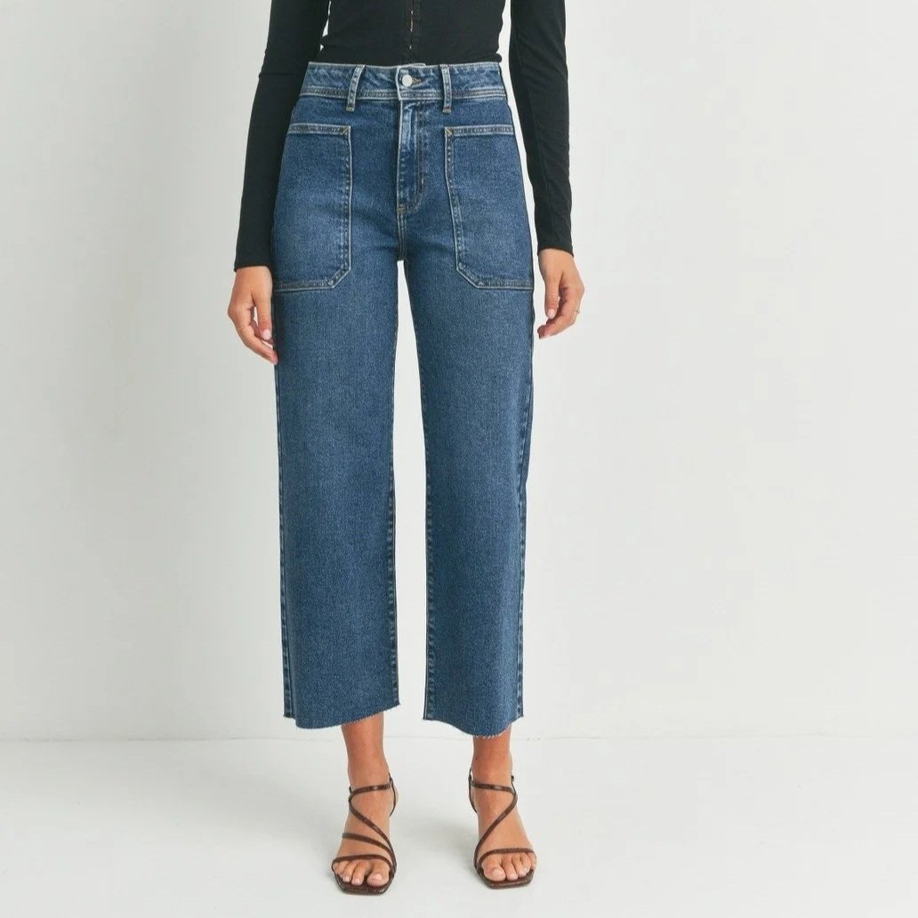 High Rise Utility Wide Leg Jeans Dark Denim