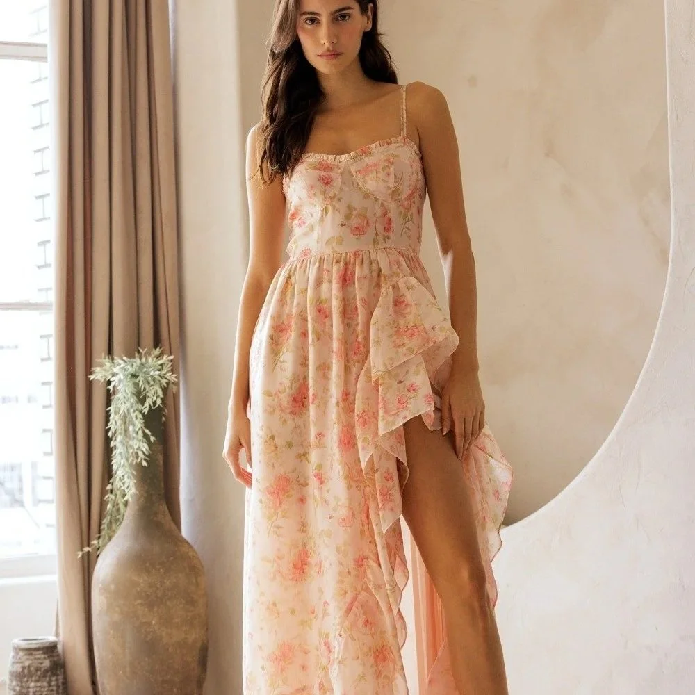 Ruffled Corset Maxi Dress Apricot Floral