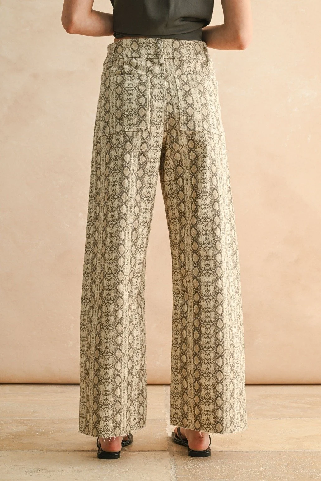 Snake Print Wide Leg Jeans Taupe