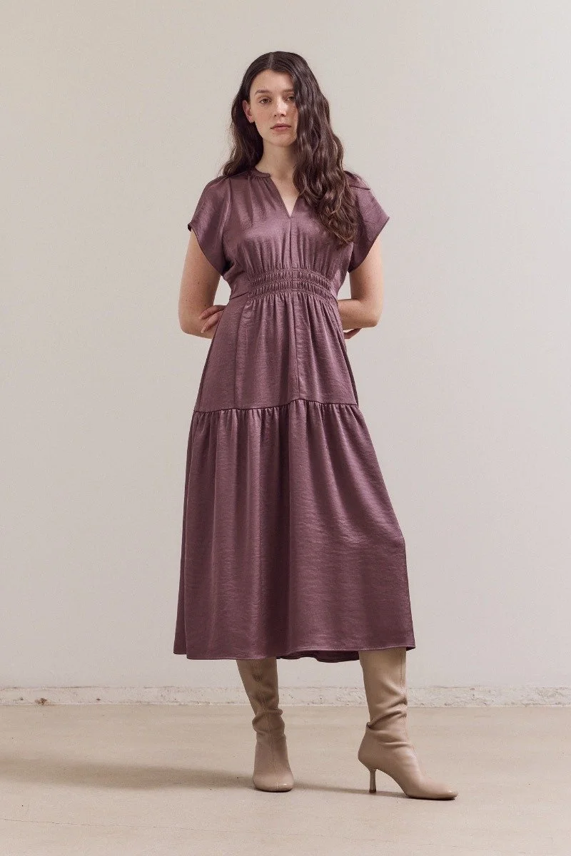 Cap Sleeve Tiered Satin Midi Dress Aubergine