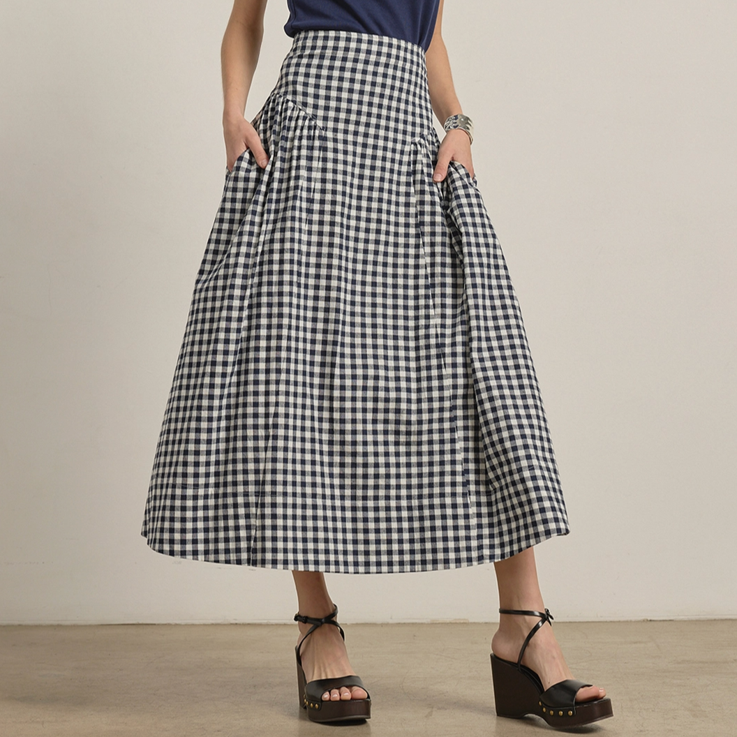 Hip Pleat Midi Skirt Navy Gingham