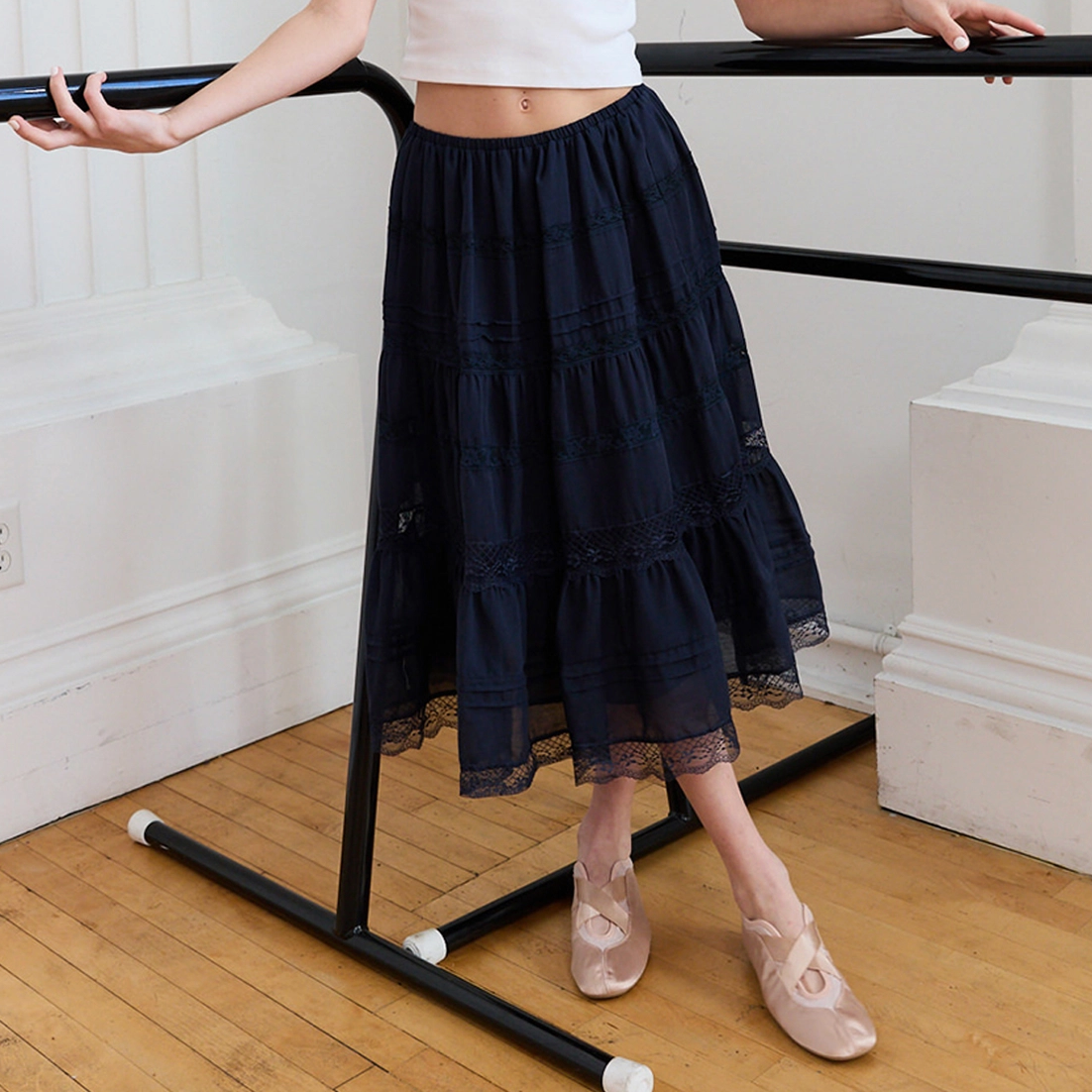 Lace Panel Tiered Midi Skirt Navy