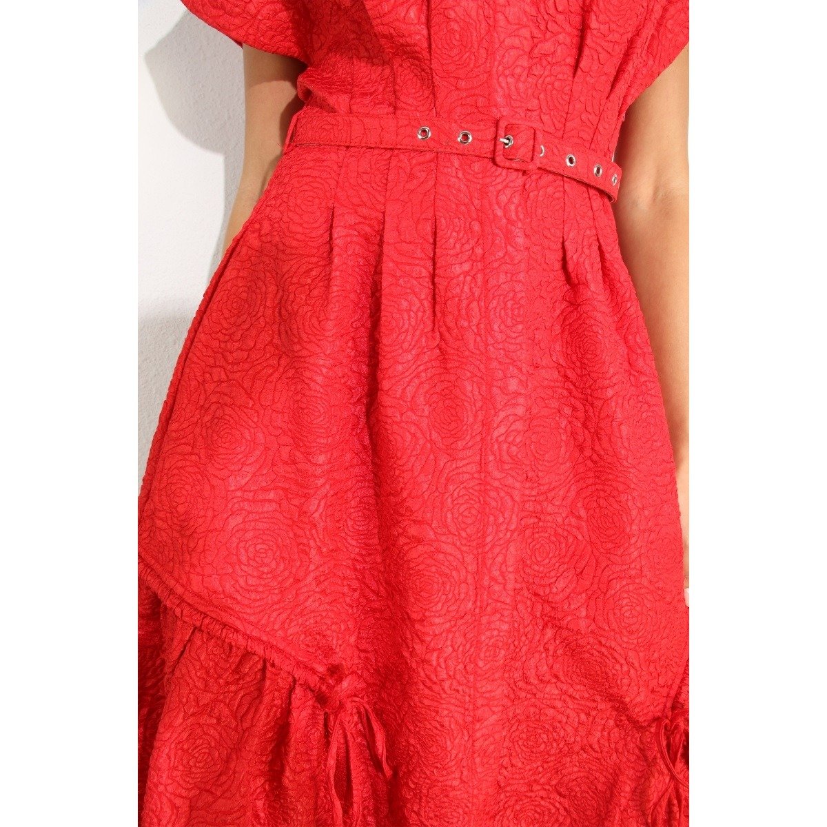 Floral Embossed Button Dress Red