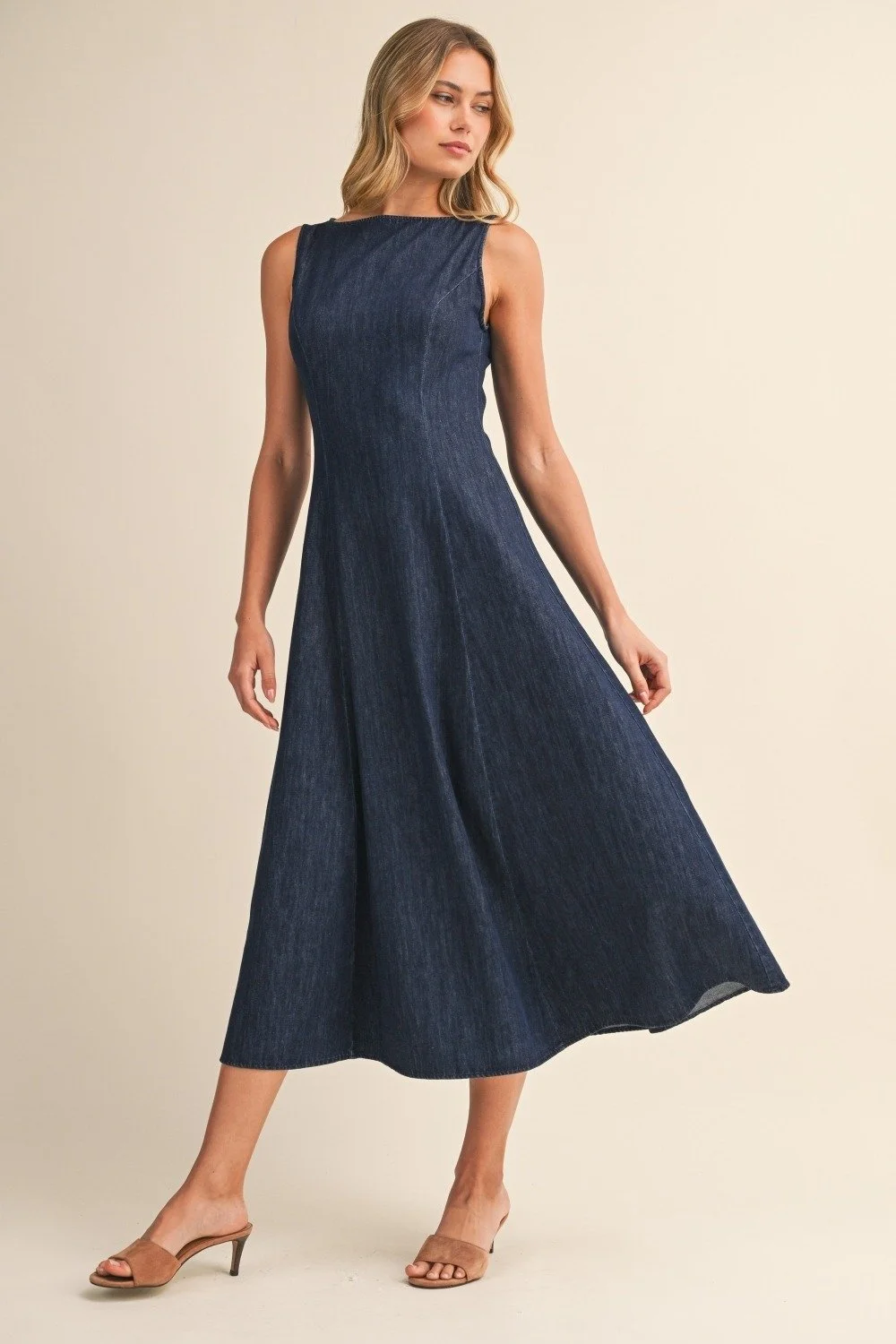 Boatneck Sleeveless Midi Dress Dark Denim