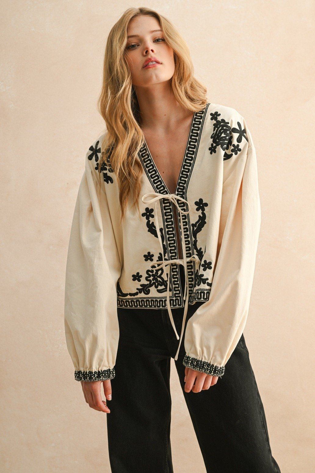 Floral Embroidered Tie Front Jacket Ecru