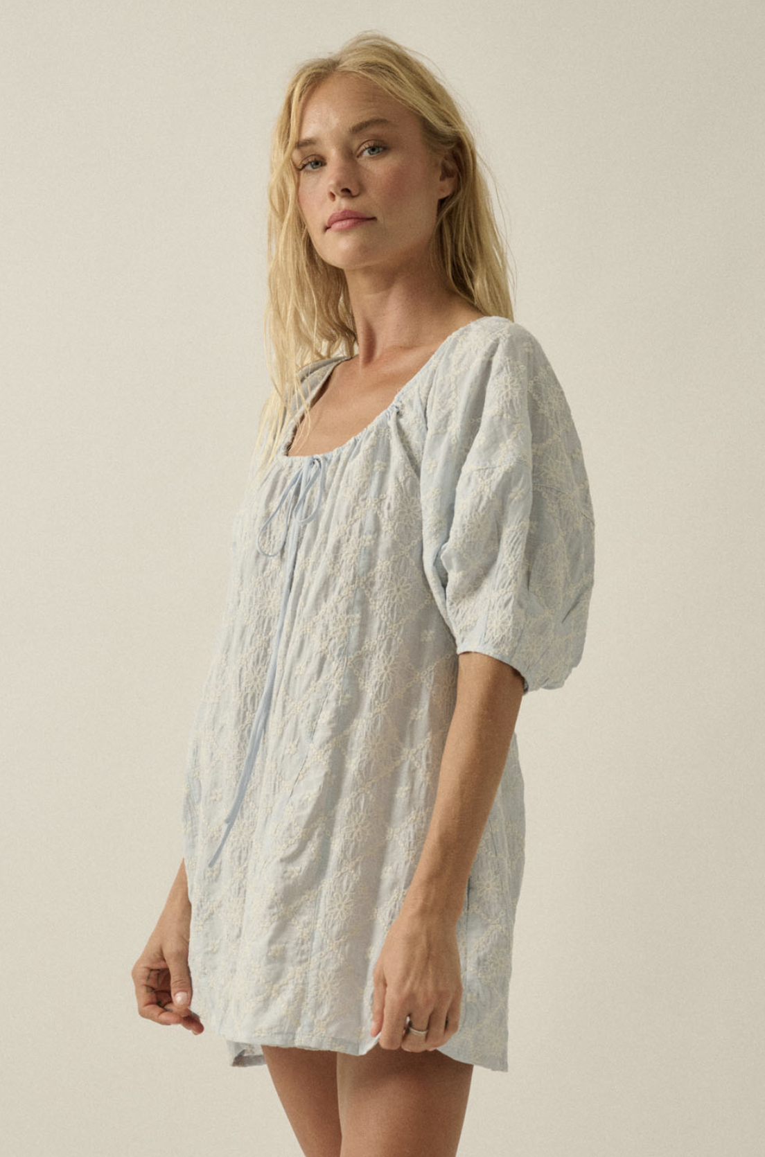 Floral Embroidered Puff Sleeve Babydoll Romper Light Chambray