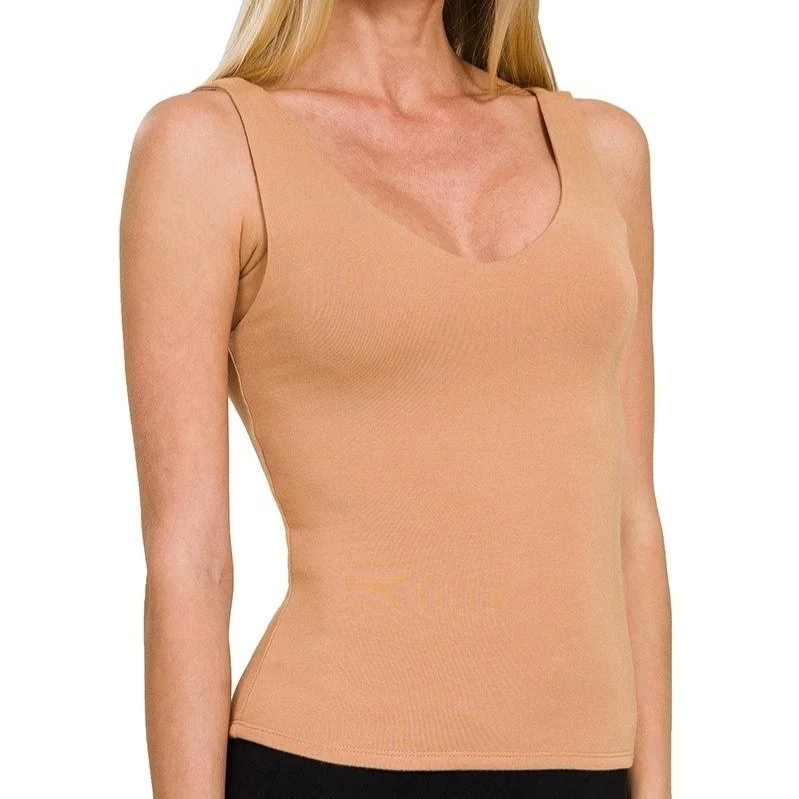 Rayon V-neck Basic Tank Sand