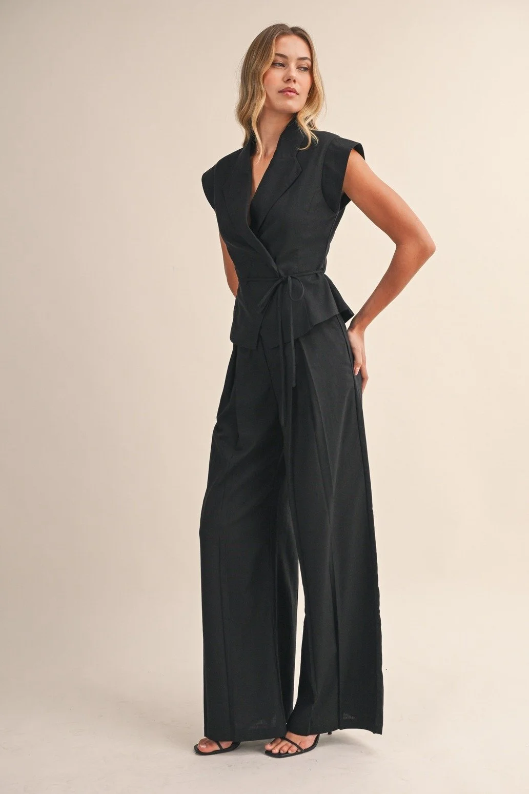 Linen Wrap Top & Pleated Trouser Set Black