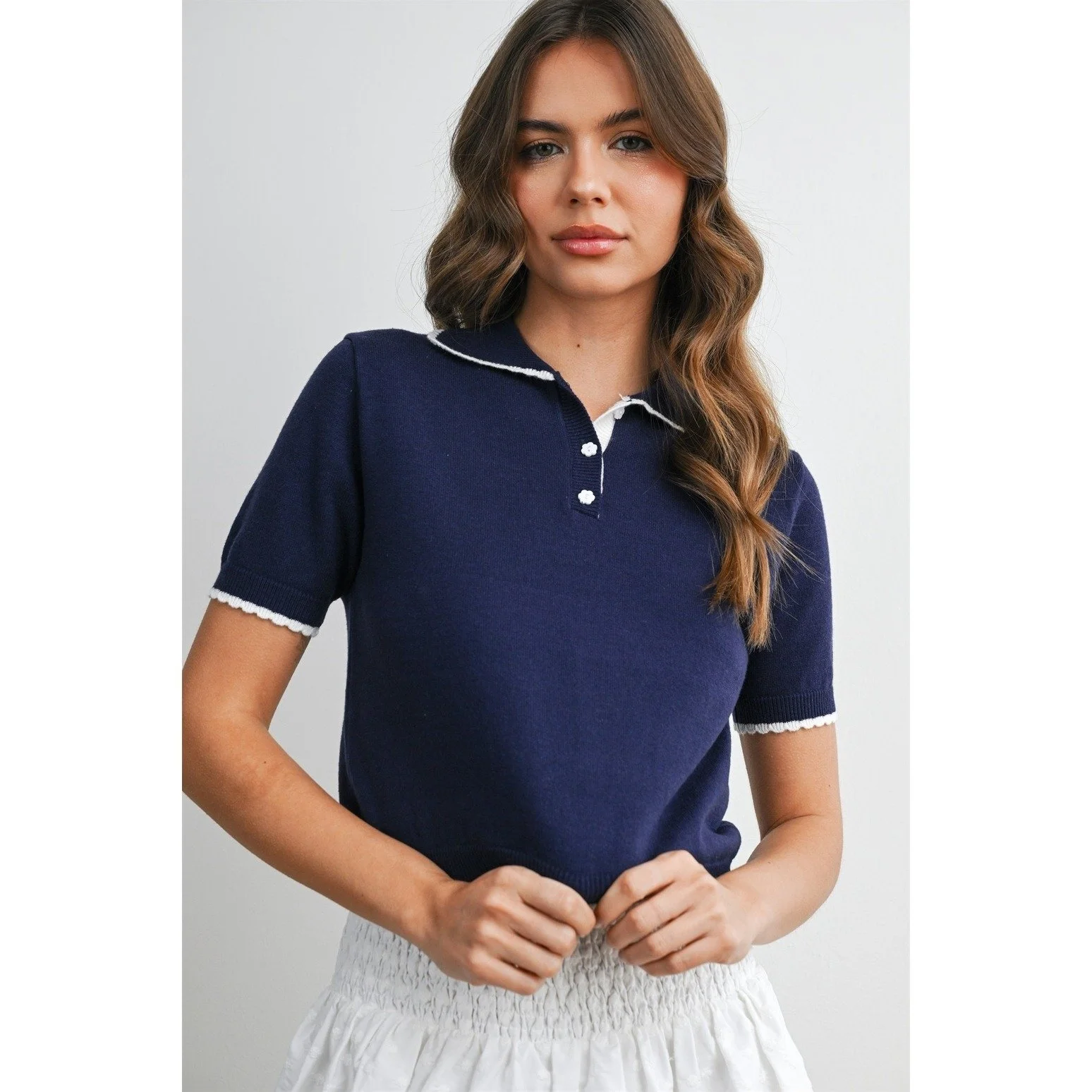 Scalloped Trim Knit Polo Navy