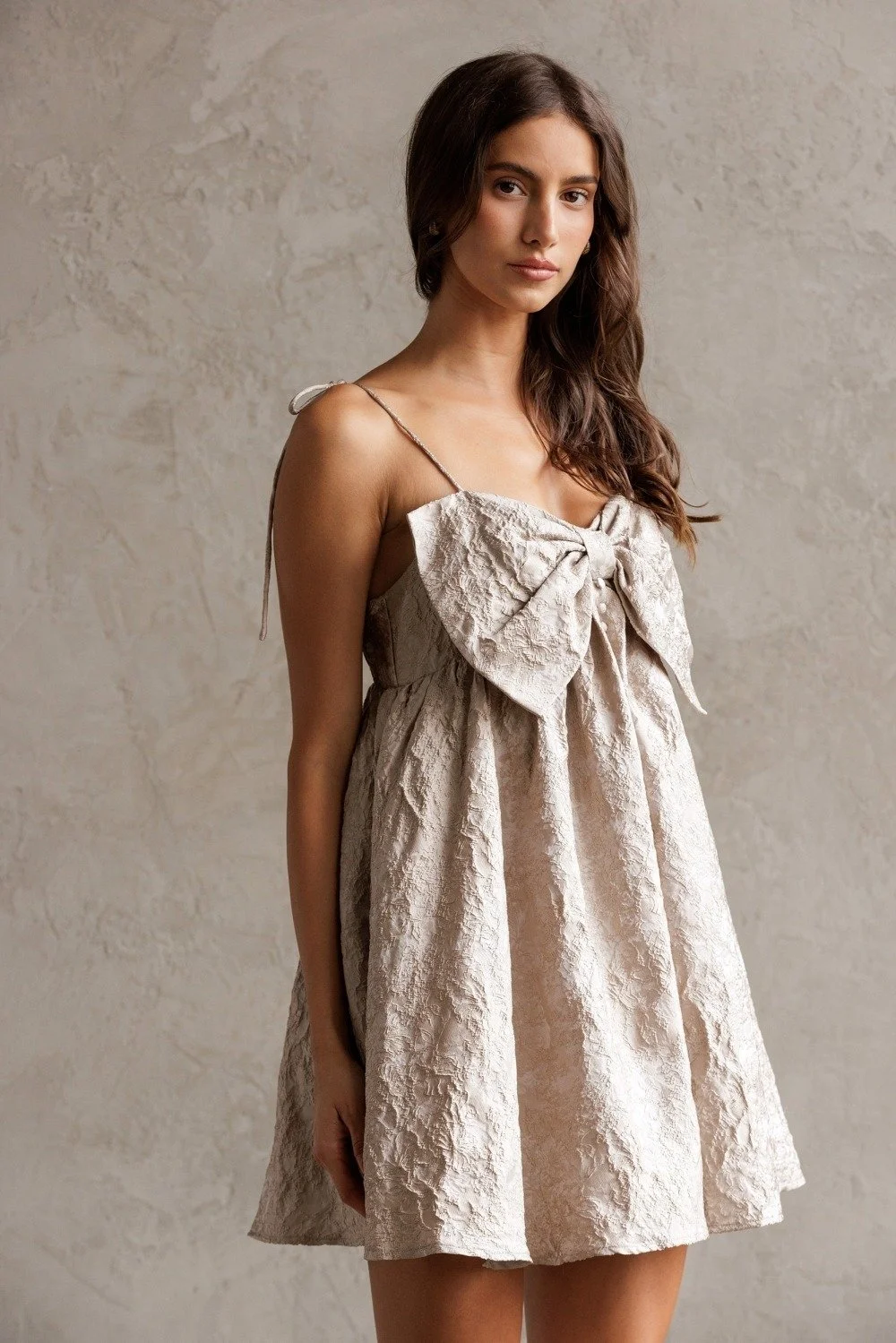 Jacquard Bow Front Mini Dress Champagne