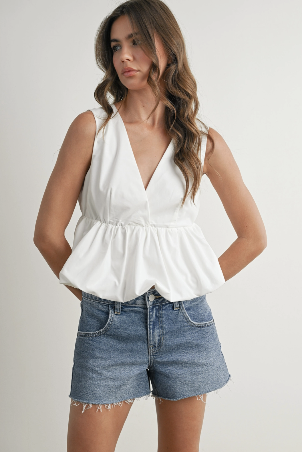 V-neck Tie Back Peplum Top White