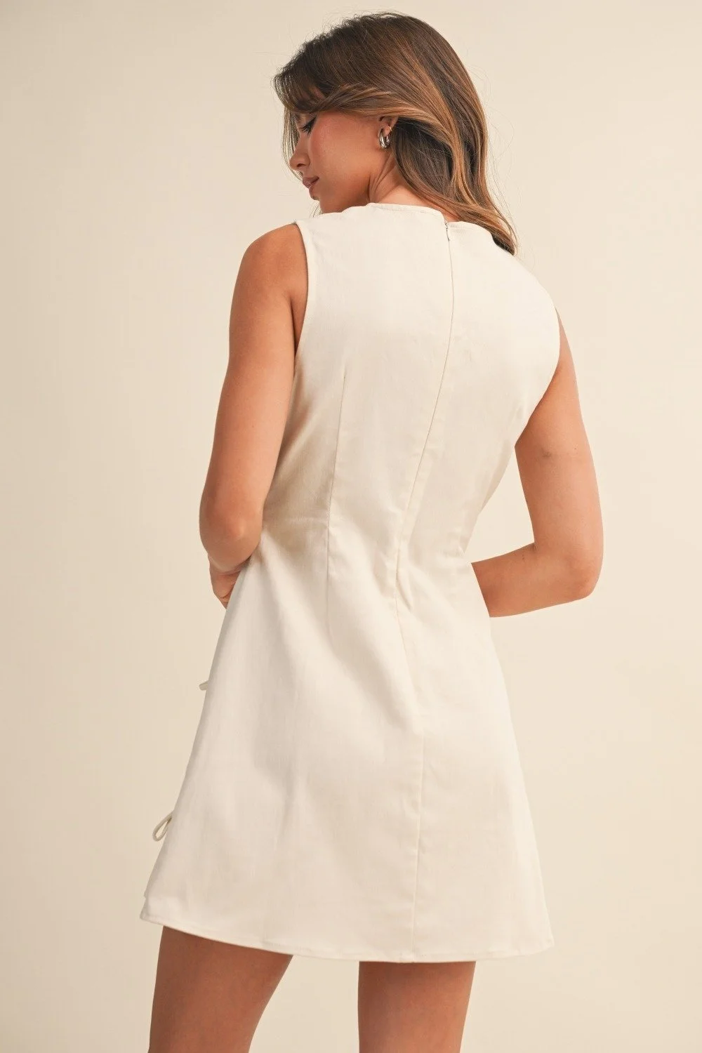 Bow Detail Twill Mini Dress - Cream