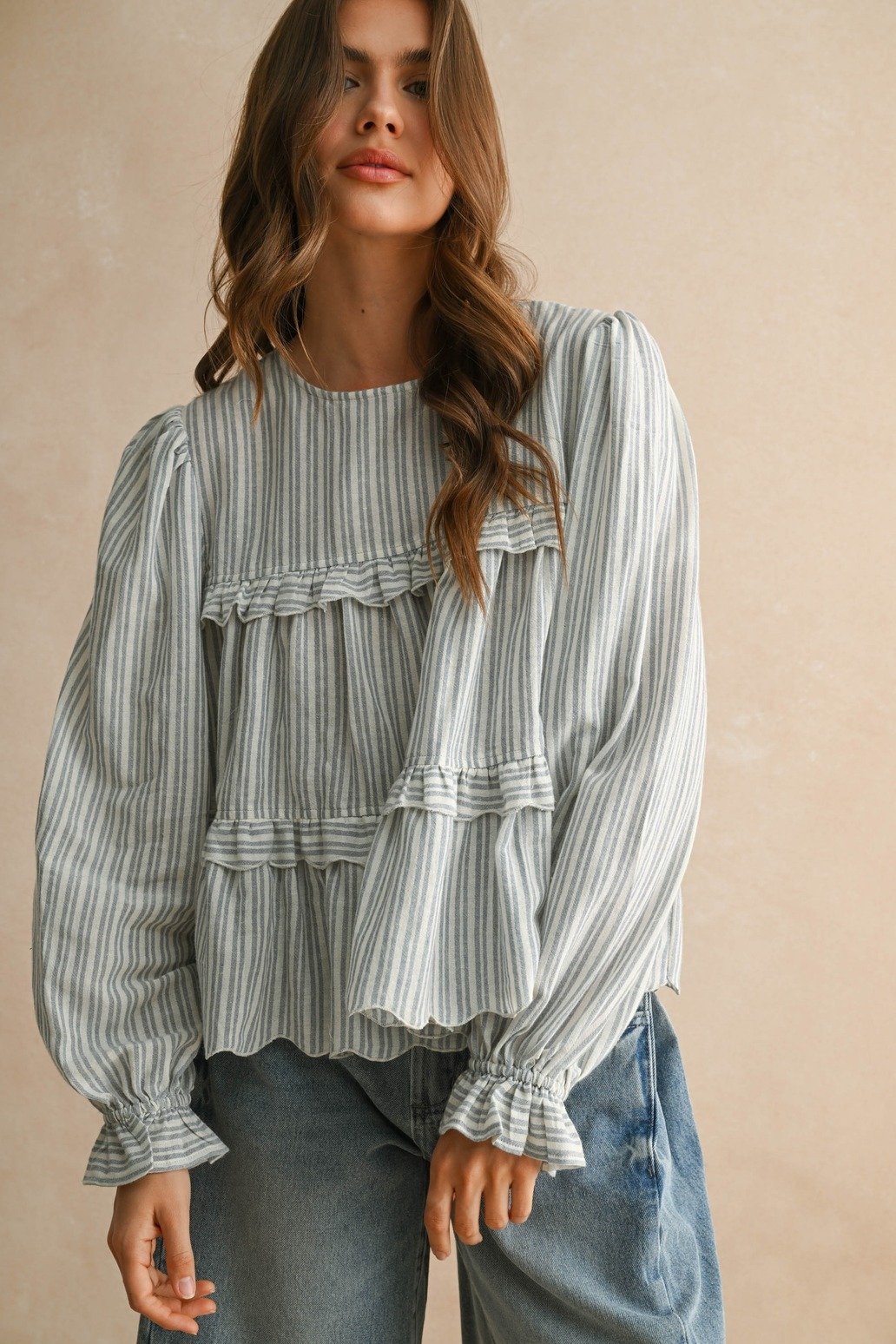 Button Back Ruffle Blouse Blue Stripe