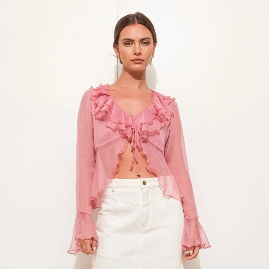 Sheer Tie Front Ruffle Blouse Dusty Pink