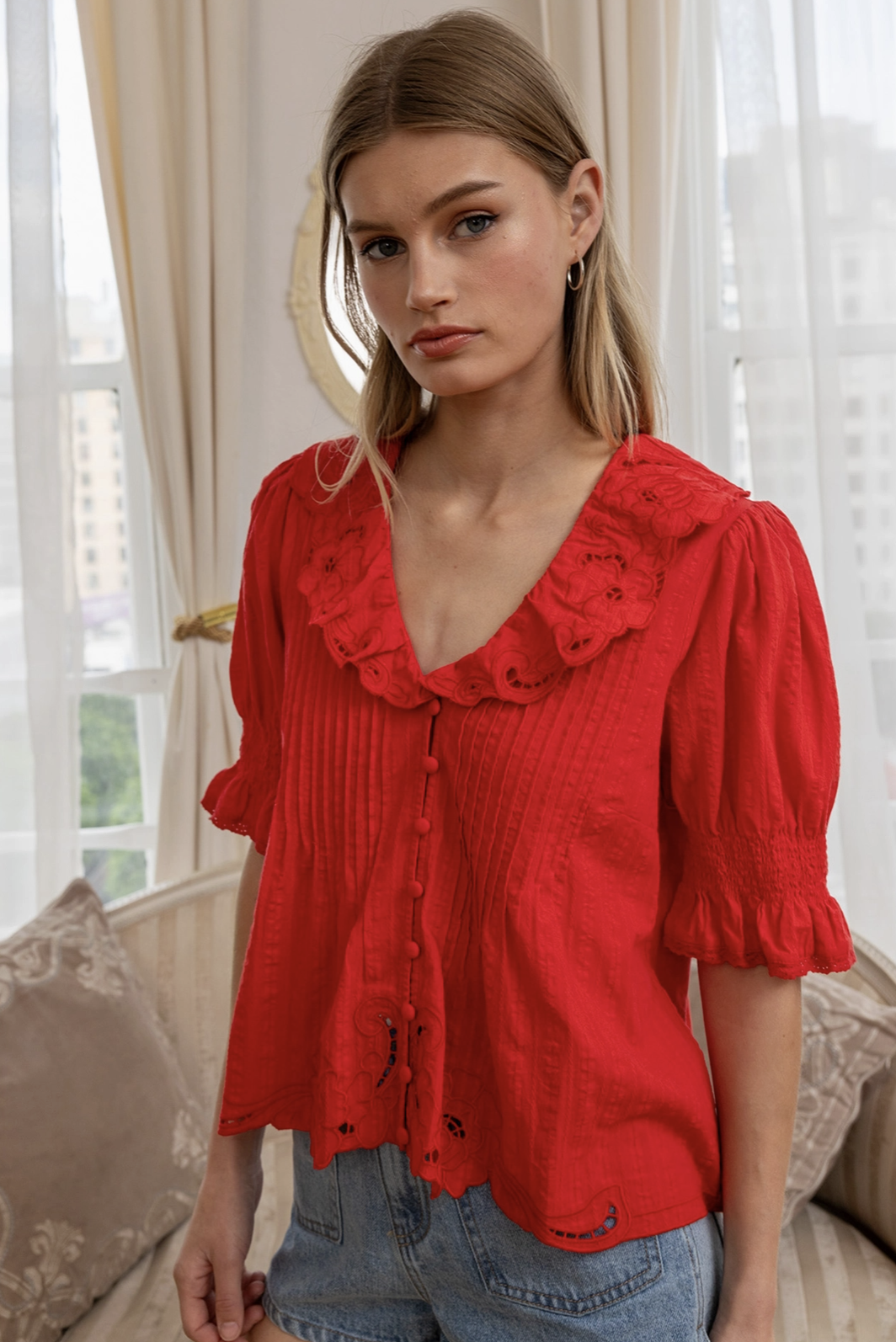 Embroidered Ruffle Collar Blouse Red
