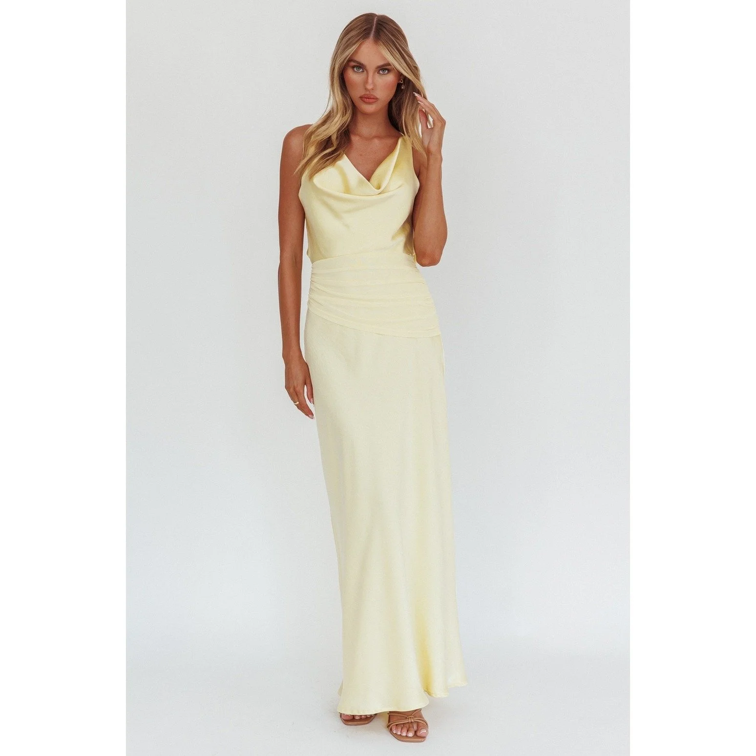 Cowl Neck Open Back Gown Butter