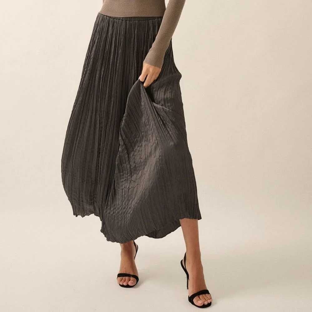 Crinkle Satin Pleated Maxi Skirt Charcoal