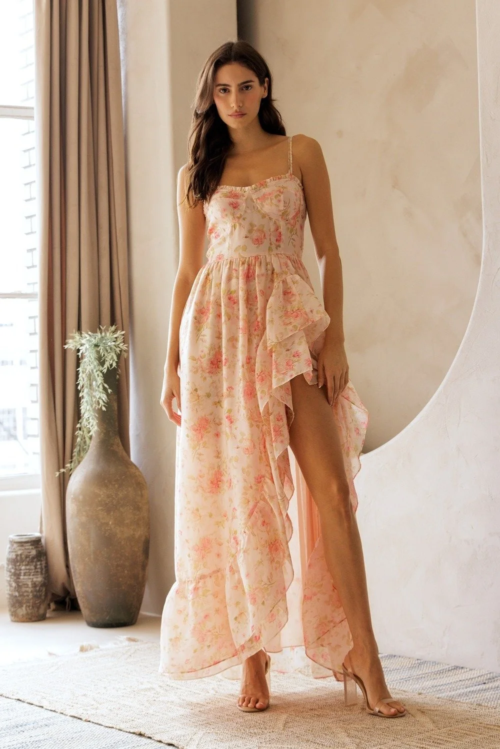 Ruffled Corset Maxi Dress Apricot Floral
