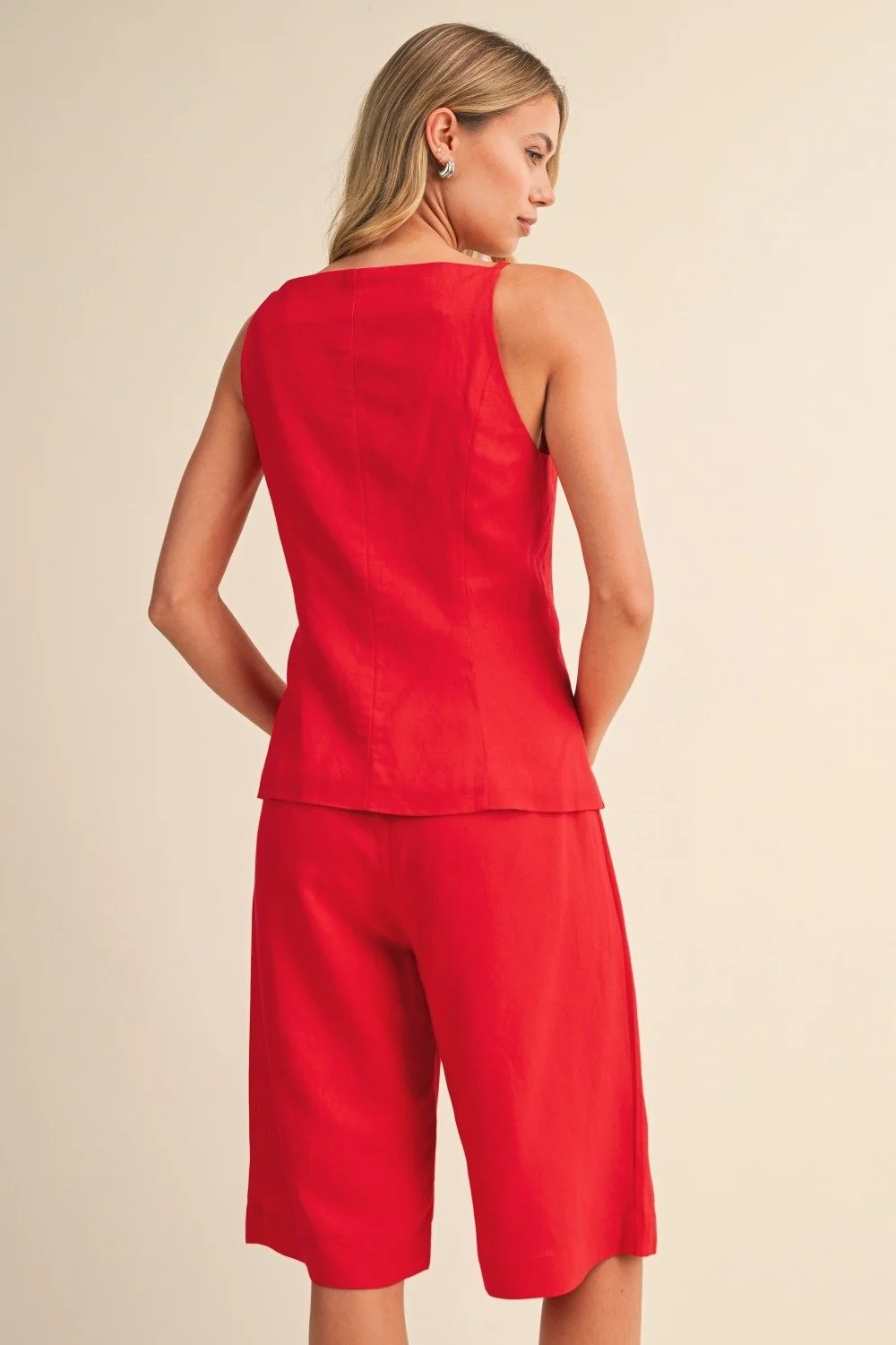 Linen Button Vest & Culotte Shorts Set Red