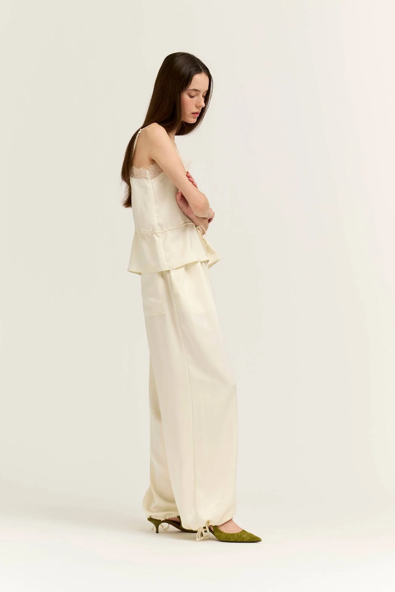 Crinkle Satin & Lace Slip Top Cream