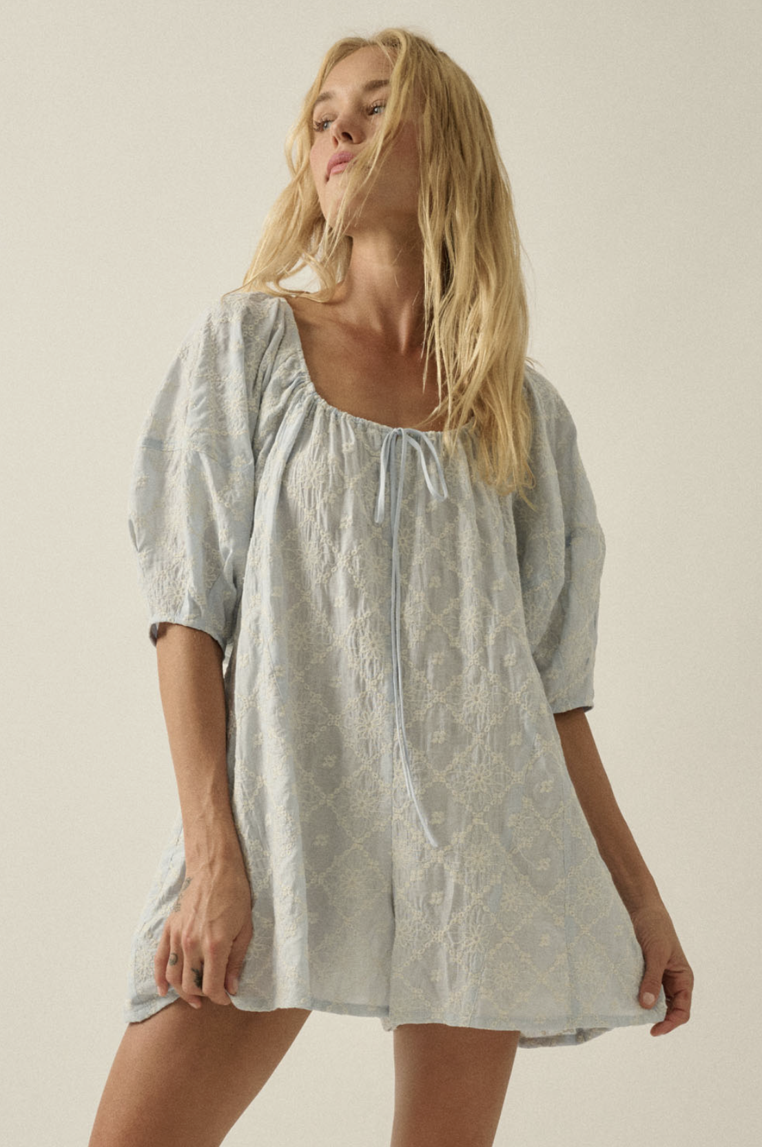 Floral Embroidered Puff Sleeve Babydoll Romper Light Chambray