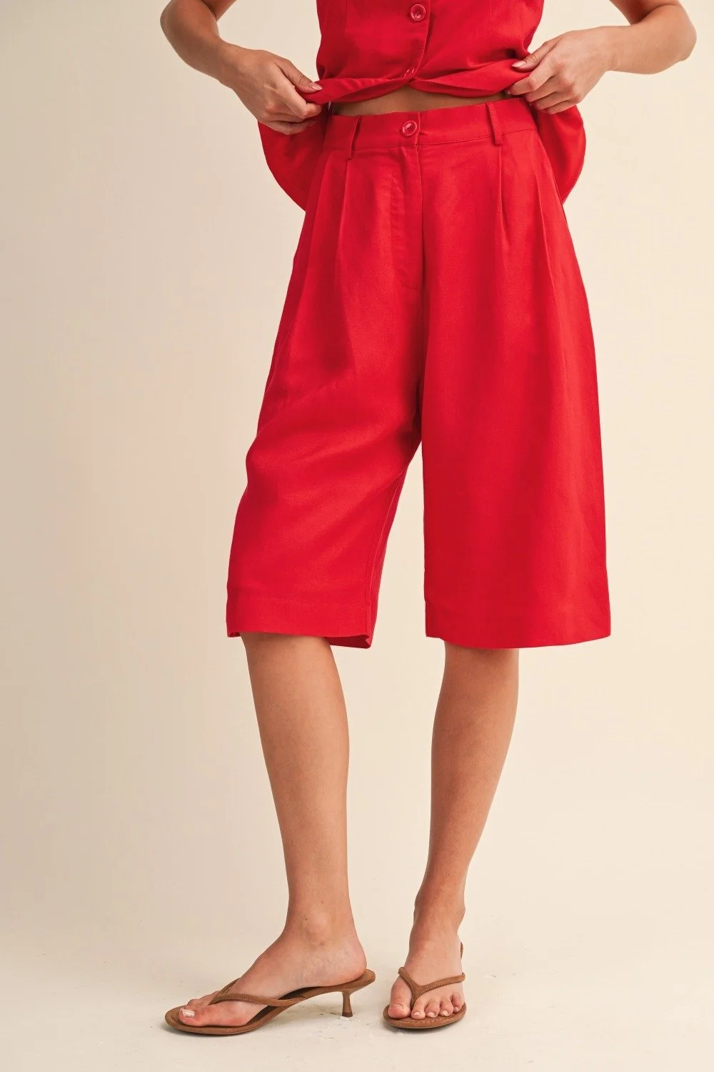 Linen Button Vest & Culotte Shorts Set Red