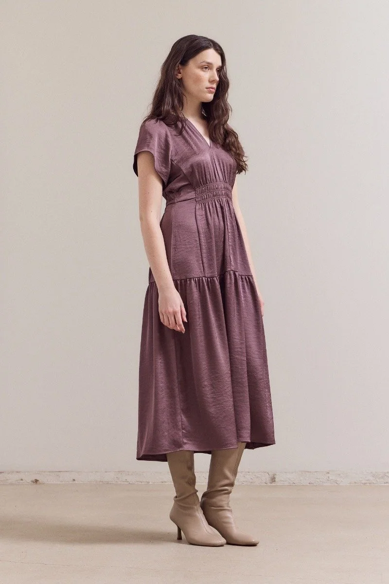 Cap Sleeve Tiered Satin Midi Dress Aubergine