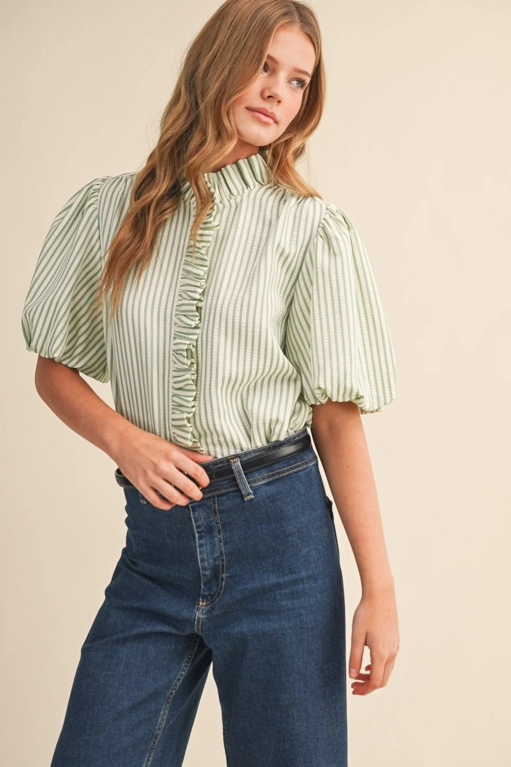 Ruffle Collar Button Front Blouse Mint Seersucker