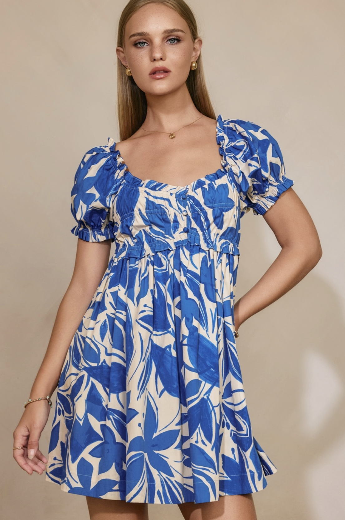 Mykonos Puff Sleeve Mini Dress Capri Blue